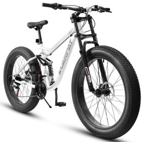 A26309 26 Inch Mountain Bike,Full-Suspension 21 Speeds Drivetrain With Disc-Brake Bicycle, 26x4inch Fat Tire Bike For Men (Option: White)