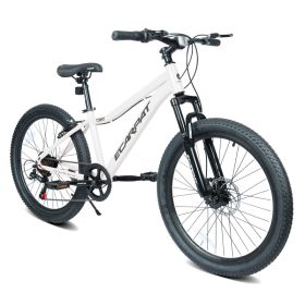 24 Inch Youth Mountain Bike With 7 Speeds & Front Suspension Durable Steel Frame, Alloy Rims & Disc Brakes For Boys And Girls In Multiple Colors (Option: White)