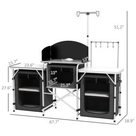 Aluminum Camping Kitchen, Portable Folding Camping Table With Fabric Cupboards, Windshield, Bag For BBQ, Picnic, Black (Option: Black Silver)