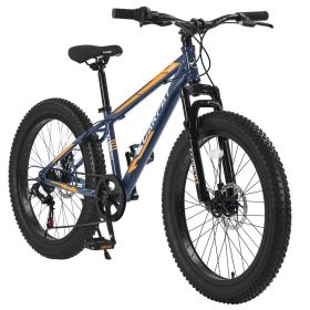 S24109 Elecony 24 Inch Fat Tire Bike Youth Full Shimano 7 Speeds Mountain Bike, Dual Disc Brake, High-Carbon Steel Frame, Front Suspension, Mount (Option: Gray)