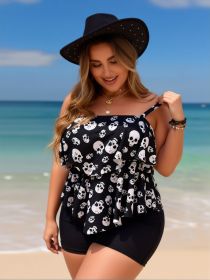 2026 New Plus Size Tankini Set: Black Skull Print Ruffle Top, Solid Black Shorts, Edgy Beach Style (Color: Black, size: 4XL)