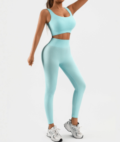 Women's Workout Outfits Ribbed Tank 2 Piece Seamless High Waist Gym Outfit Yoga Shorts Leggings Sets (Color: Lake Blue, size: S)